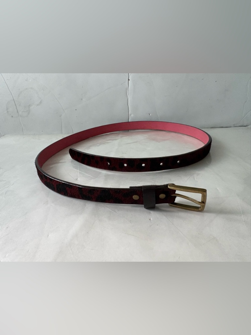 Women's Red Leopard Print Leather Belt with Gold Buckle